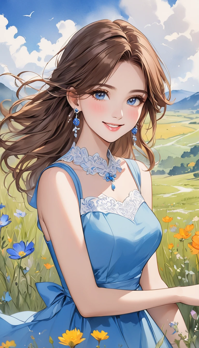   A fusion of ink painting and watercolor painting、 1 female, Create an animated version of your ideal style、Cute and beautiful face 、 pretty eyes ,   brown hair,   earrings、Beautiful blue dress,   smiling 、Create an animated version of a woman with 、grassland、Wildflowers、 bright color,  masterpiece、 best quality 、 HD、