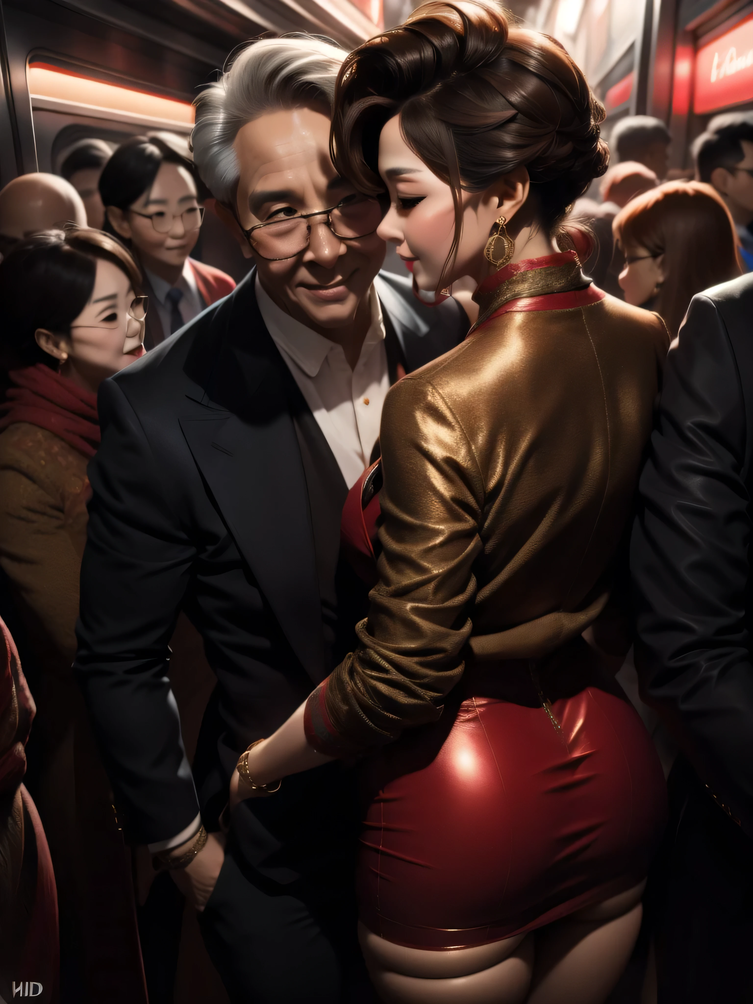 A beautiful woman wearing revealing skirt suit, her elderly husband hugged and kissed her from behind in the crowded crowd, UHD, masterpiece, textured skin, super detail, best quality, 8k.