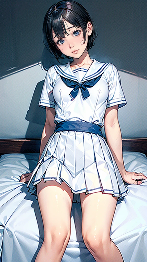 ((Best Quality, 8k, Masterpiece:1.3, Photorealistic:1.3)), {{lying on a bed, from above, dakimakura}}, Japan schoolgirl, single female,  very light brown hair, with bangs, (Japan schoolgirl uniform, socks, thick thighs,kotton side storing songs), very detailed face and skin texture, detailed eyes, detailed lips, very detailed hair depiction, PureErosFace, in heat, embarrassed look, natural makeup:1.0,skirtlift,pantyhose,