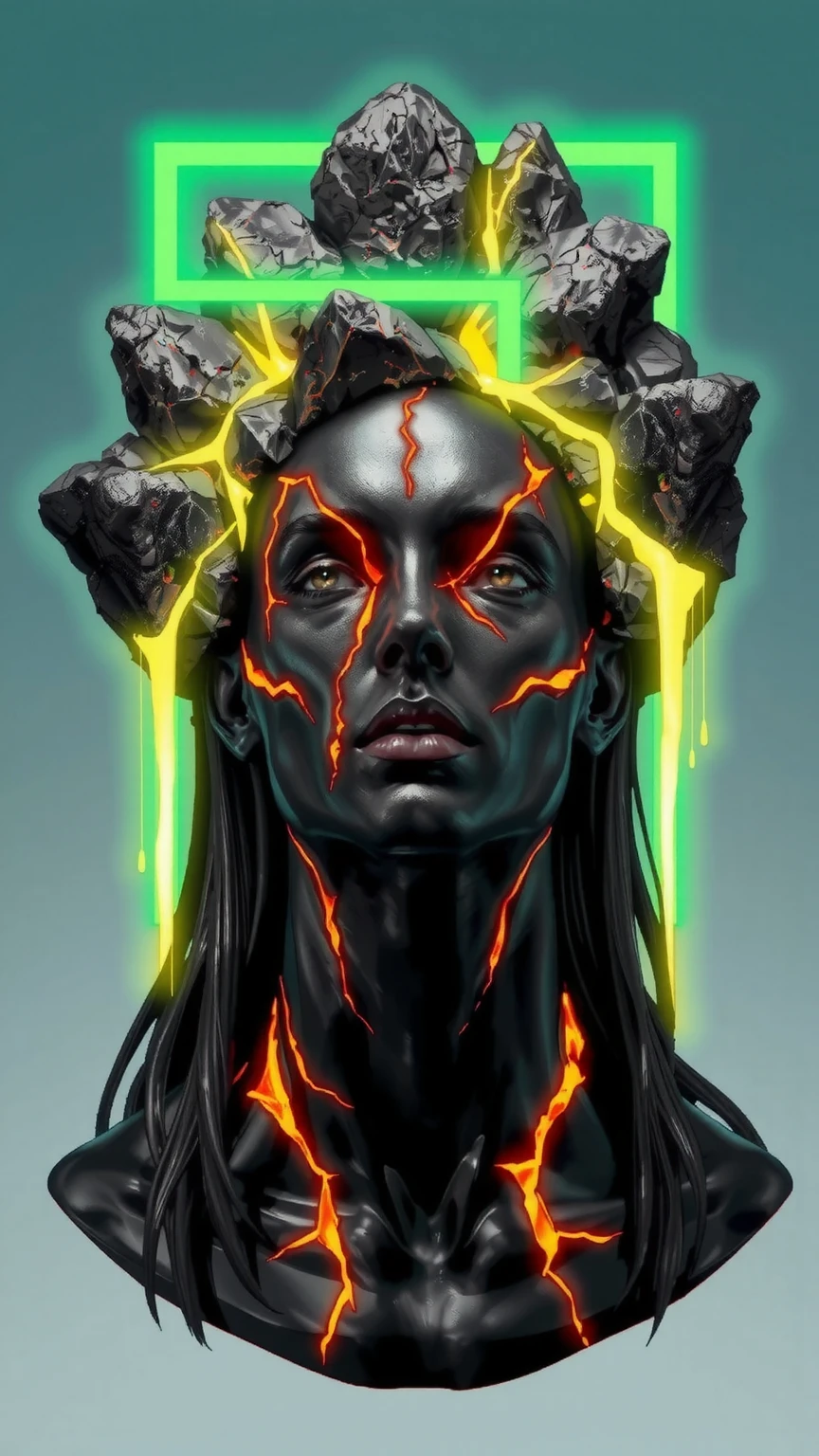 This image is a stunning portrayal of a futuristic male figure, blending hyper-realism with surrealist design. At its center is a humanoid bust, its surface an intricate interplay of polished, obsidian-like textures and sharp, angular cuts that streak across the face and neck. These obsidian fractures expose glowing, molten veins of orange and gold beneath the dark, glossy exterior, evoking the image of a living, volcanic entity. The smooth, black surface reflects light with an almost liquid brilliance, giving the figure a striking, otherworldly presence.

The face is sharp and angular, exuding strength and intensity. Long, flowing hair cascades around the head, merging seamlessly into the obsidian structure, with strands appearing almost as extensions of molten stone, glowing faintly at the tips. The figure’s expression is one of calm power, the head tilted upward as if transcending its physical form, lips closed in a contemplative pose.

Crowning the figure is a radiant, neon-green rectangle, cutting through jagged, volcanic rock formations that hover above the head. The glowing green plane emits a powerful luminescence, casting vivid light onto the face and hair while illuminating the cracks in the obsidian. Thick streams of fluorescent-green liquid drip from the edges of the rectangle and the rocks, their motion captured mid-flow, appearing alive as they cascade downward.

The backdrop is a minimalist gradient of muted cyan and gray, allowing the subject to dominate the composition. The contrast between the organic, rugged textures of the obsidian and the geometric precision of the glowing green rectangle highlights the tension between natural chaos and synthetic order. This artwork captures a transcendent male figure, both primal power and futuristic sophistication in a moment of cosmic balance.