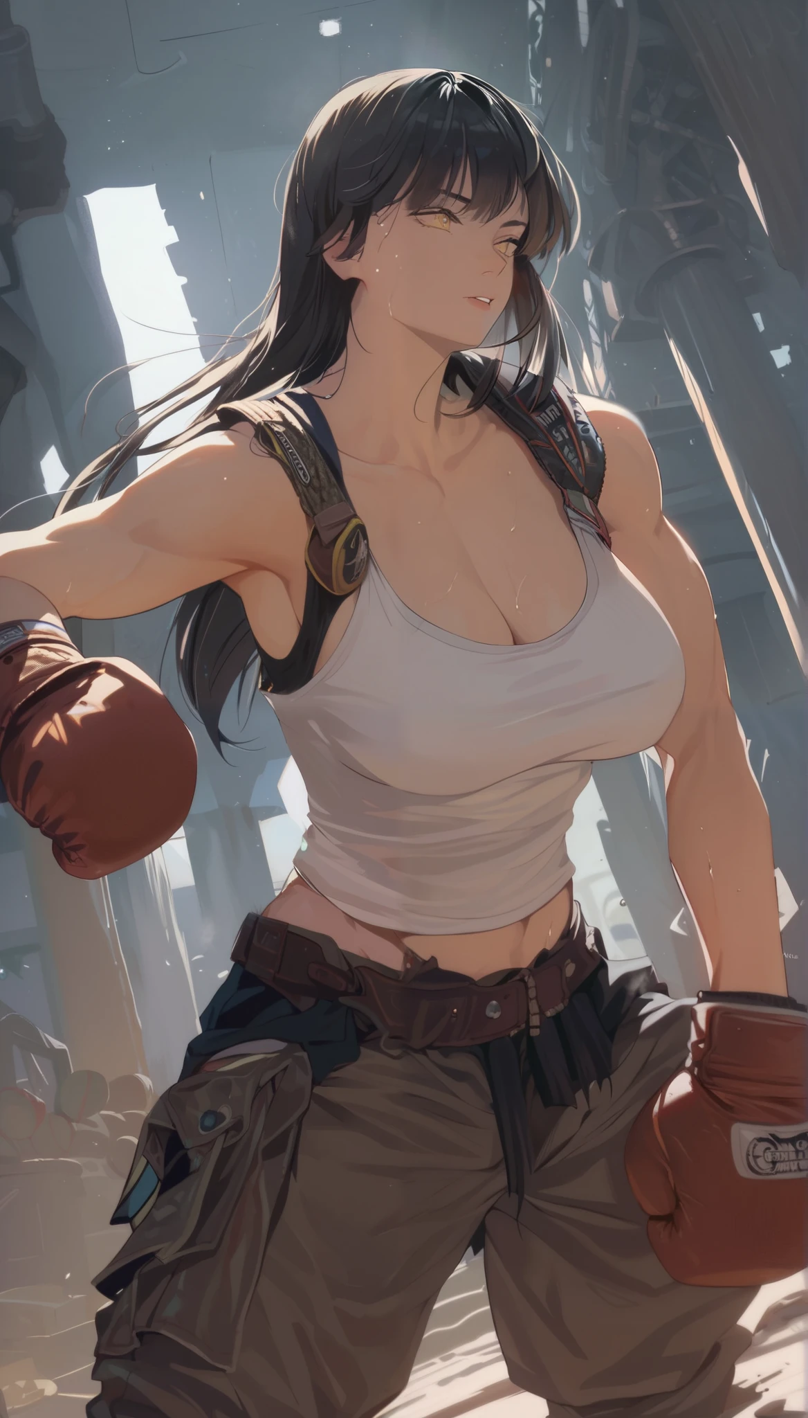 black hair,masterpiece,best quality,highres,ultra-detailed,aashizue,yellow eyes,long hair,cargo pants,(tank top:1.2), boxing gloves,cleavage,toned, sweating, (sleeveless:1.4),cowboy shot,