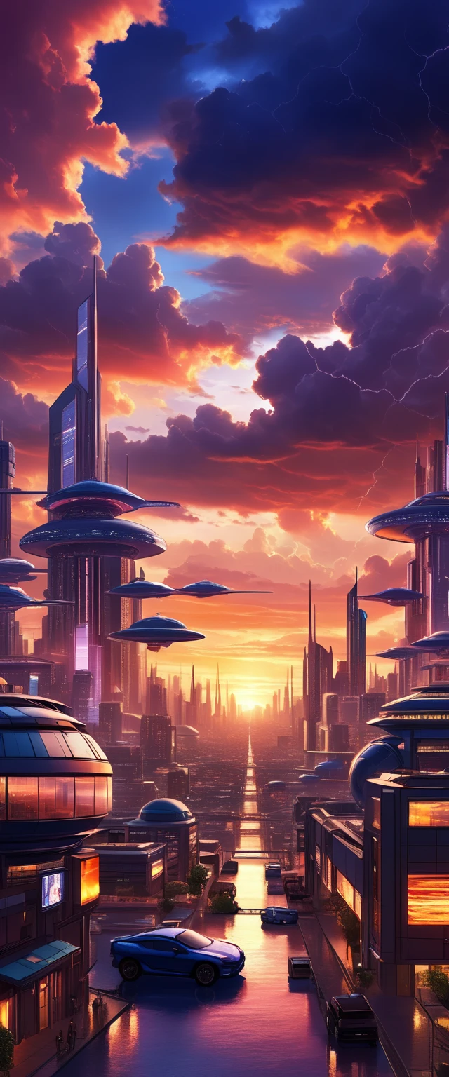 Sci-fi city surrounded by storm clouds at sunset  (:1) 