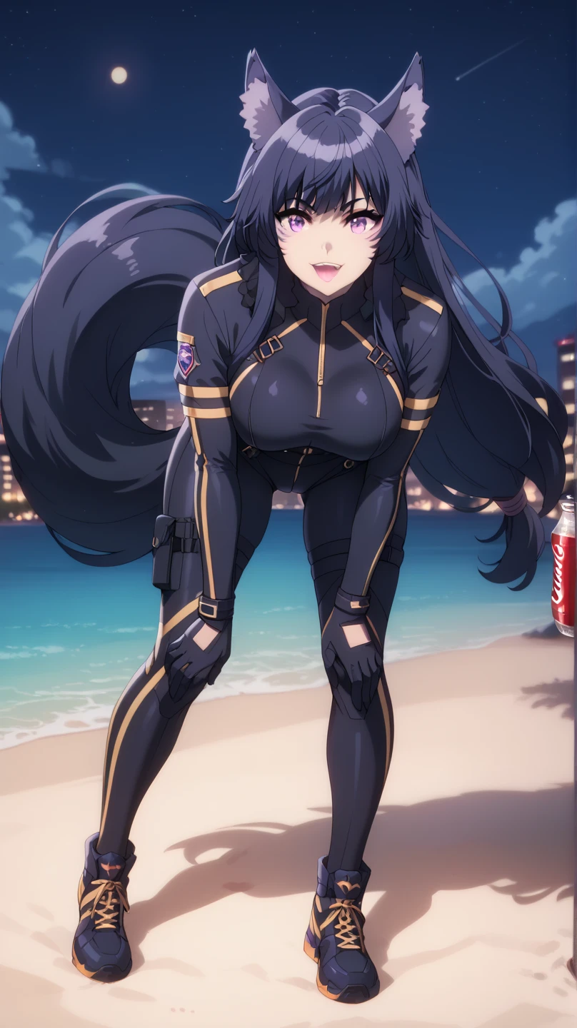  From the eminense of shadow Sexy Delta, Awesome 1girl  , Alone, wearing a tight tactical suit ,  Dark blue hair , cola,facial brand, purple eyes . awarded,  professional, highly,  wolf ears,  on a beach at night, standing, legs open,  big breasts, full body, bend over,