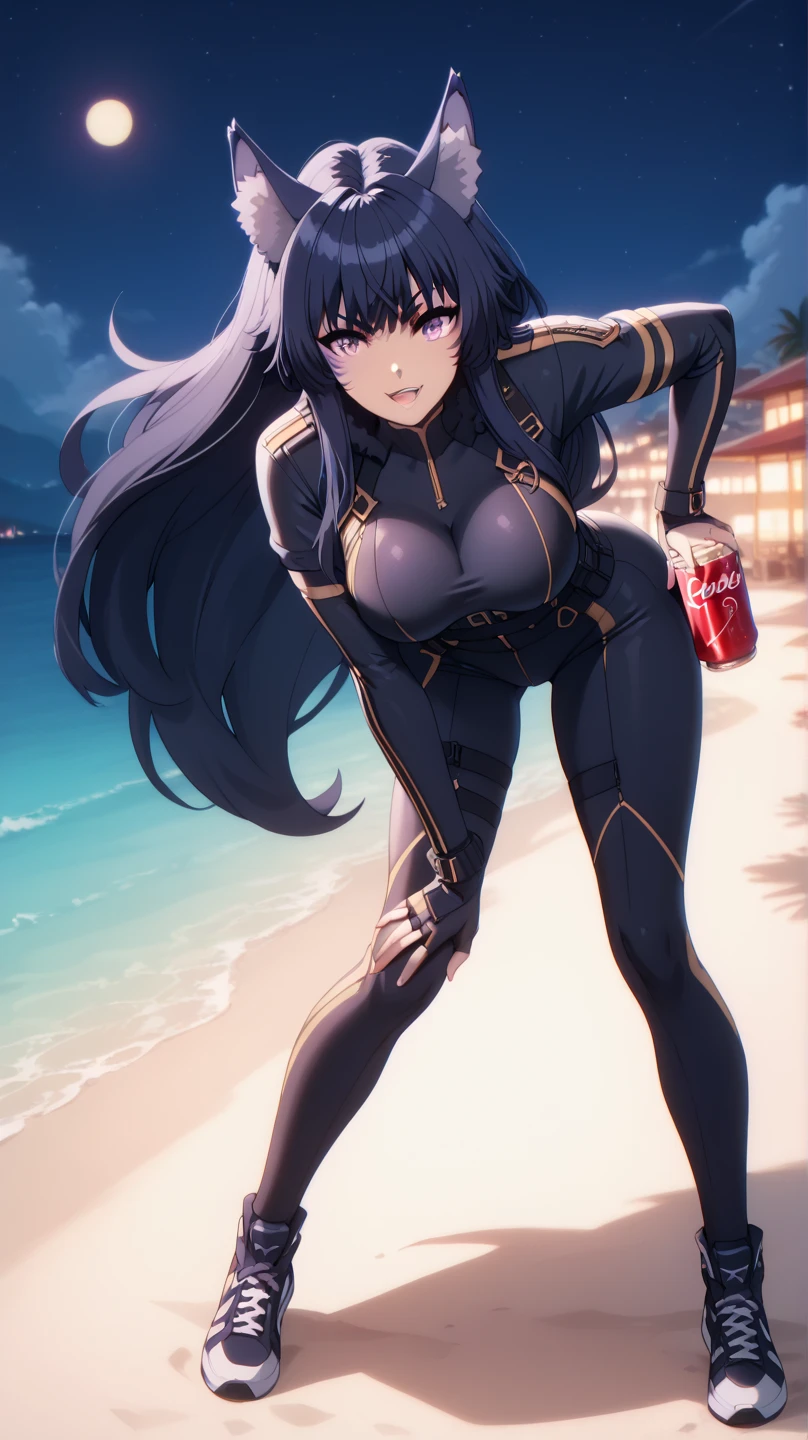  From the eminense of shadow Sexy Delta, Awesome 1girl  , Alone, wearing a tight tactical suit ,  Dark blue hair , cola,facial brand, purple eyes . awarded,  professional, highly,  wolf ears,  on a beach at night, standing, legs open,  big breasts, full body, bend over,