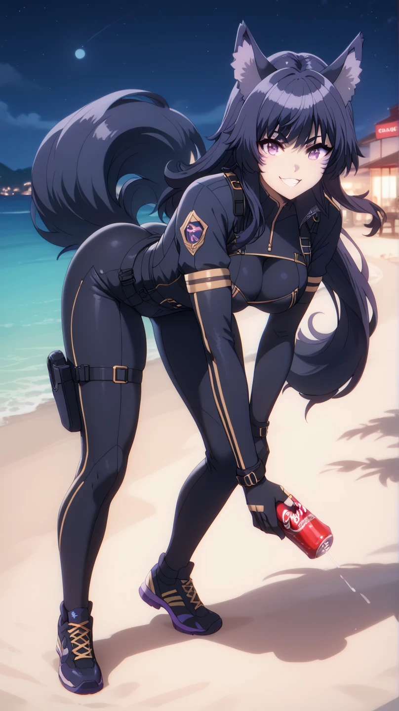  From the eminense of shadow Sexy Delta, Awesome 1girl  , Alone, wearing a tight tactical suit ,  Dark blue hair , cola,facial brand, purple eyes . awarded,  professional, highly,  wolf ears,  on a beach at night, standing, legs open,  big breasts, full body, bend over,