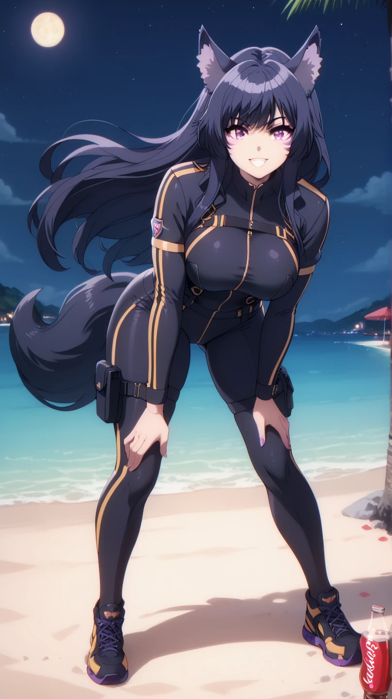  From the eminense of shadow Sexy Delta, Awesome 1girl  , Alone, wearing a tight tactical suit ,  Dark blue hair , cola,facial brand, purple eyes . awarded,  professional, highly,  wolf ears,  on a beach at night, standing, legs open,  big breasts, full body, bend over,