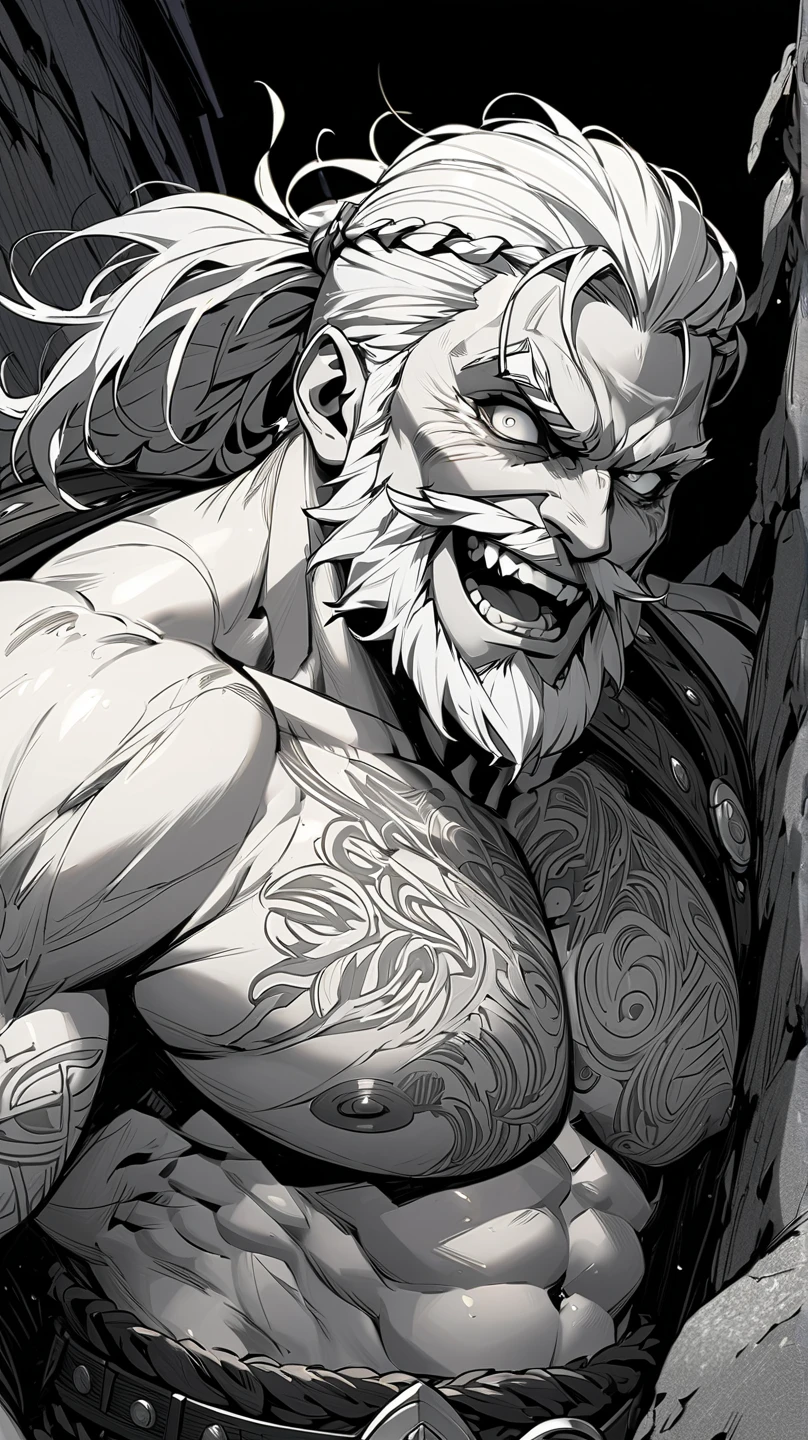 Masterpiece, top quality, anatomically correct, wicked smile, open mouth smiling, detailed eyes, high contrast, detailed lines, dynamic art, evil face, looking at viewer, upper body, (top naked), (mature Viking man), white hair, all back hair, muscular, large body, champion belt, Medieval, deeply etched wrinkles, short beard, detailed face, sharp eyes, black background, beautiful line drawing, detailed shading, dark colors