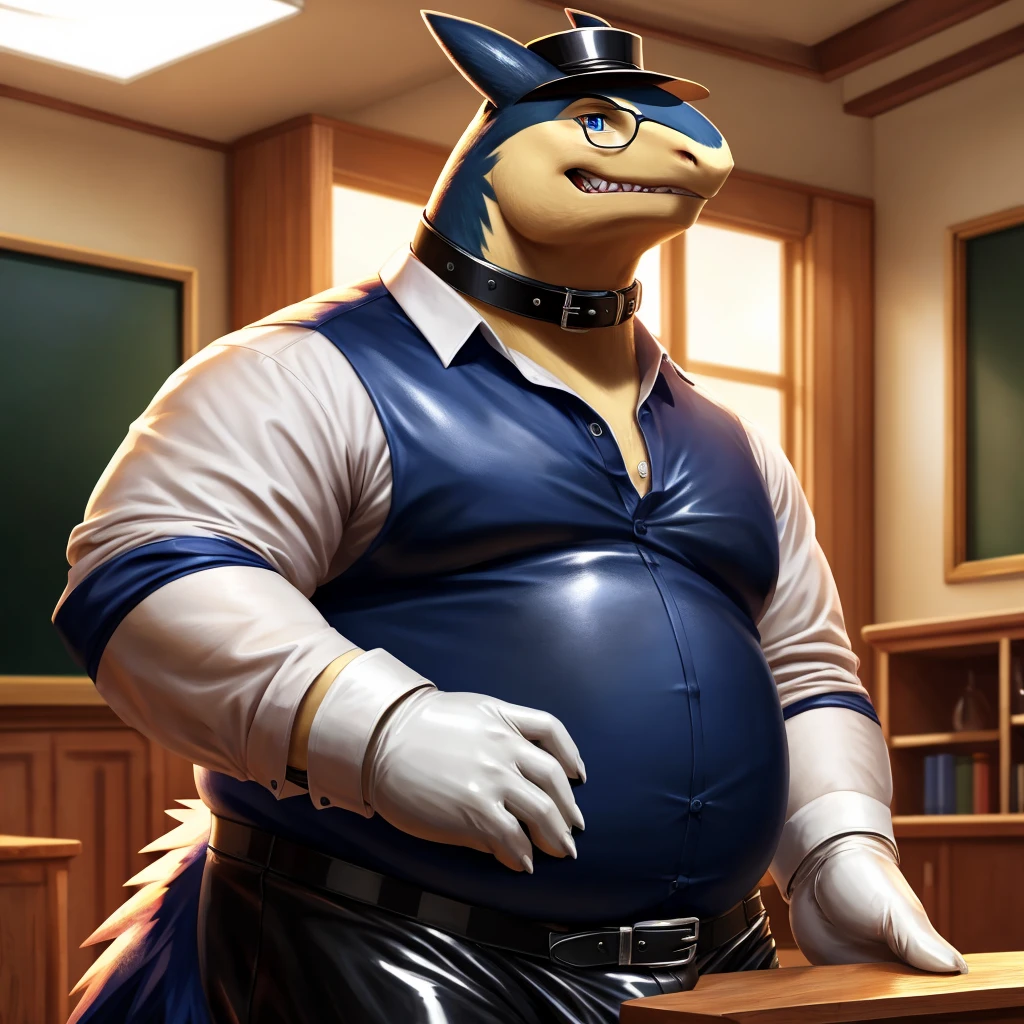 Male, fat, extremely obese, gentleman, dapper Typhlosion, pooping in diaper, blue eyes, (soft shading), 4k, hi res, ((detailed face, detailed)), looking at viewer, evil grin, Airport, TSA, TSA Uniform, collared shirt with buttons, hat, male focus, Police Uniform, glasses, monocle, vest with buttons, sleeves rolled up, round eyewear, headwear, vest, Typhlosion is wearing a glossy leather dog collar around the neck, Typhlosion is wearing the leather collar and shirt and vest at the same time, Typhlosion is wearing glossy white rubber gloves on the hands, wearing white rubber gloves on the feet, gloves are rubber in texture, mouth wide open, evil laugh, clenching fists, leather collar is glossy and shiny with a lot of detail, Typhlosion is wearing gloves and leather collar at the same time, leather collar has a round dog-tag, leather collar is thick and detailed, white rubber gloves on the feet, Typhlosion is wearing gloves and leather collar at the same time, leather collar has a round dog-tag, leather collar is thick and detailed, leather collar is glossy and shiny, fancy clothing, dapper vest, dapper shirt, leather collar is thick, glossy leather collar, Typhlosion is wearing a dirty diaper, Fat Typhlosion is getting his diaper changed by a second Typhlosion, second Typhlosion is wearing gloves, second Typhlosion is wearing a leather collar.