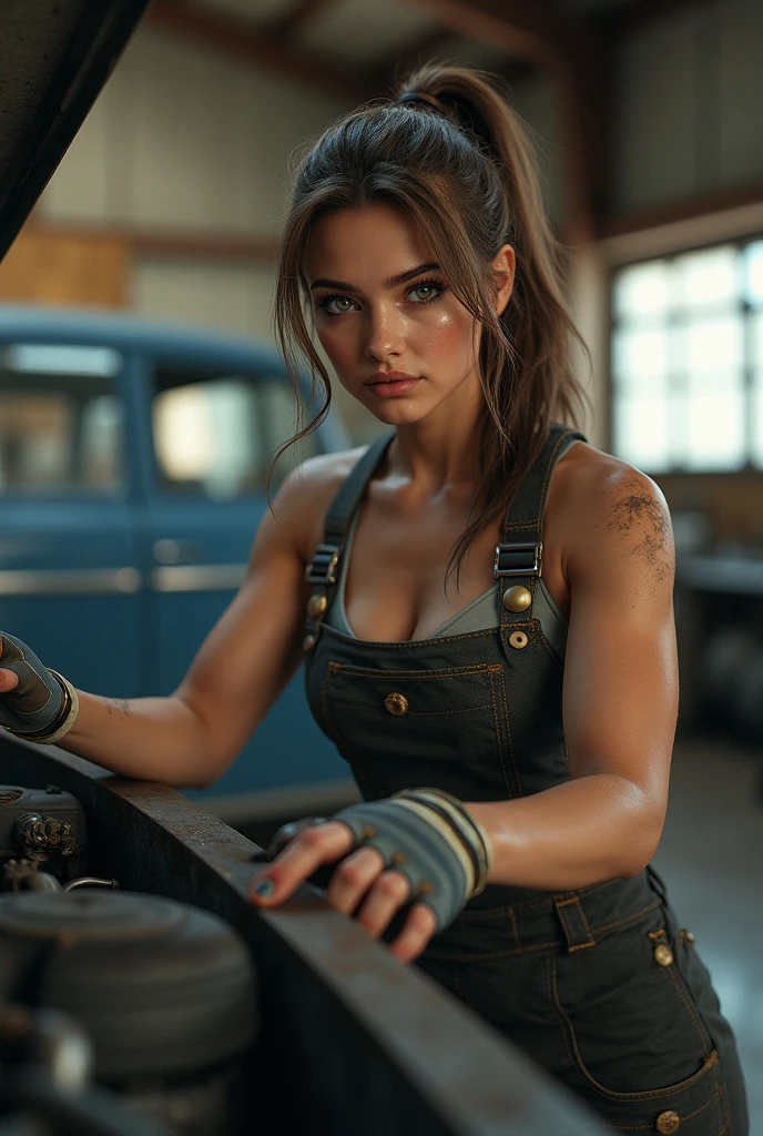 a woman working on a sewing machine in a factory, ((muscular body)), detailed, ((detailed body)), (dynamic pose)