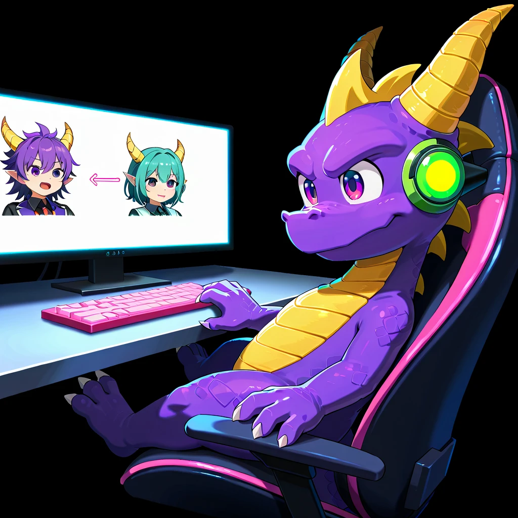 Dragon calf, small, purple scales, magenta accent, detailed magenta eyes, sitting in a gaming chair, wearing glowing rainbow headphones with crystals floating nearby