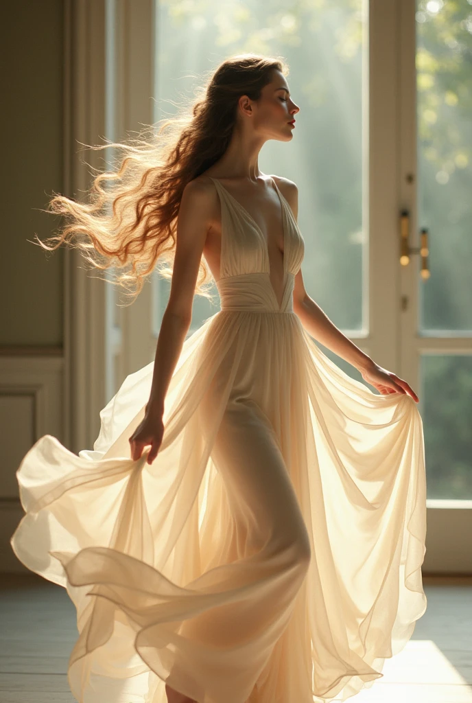 Very beautiful woman with white skin, Clear eyes, Her rustic dancing in her castle, A light, sheer white dress, barefoot, She dances lightly、Her hair fluttered in the air。. Her palace was very large., The white walls and floors are very beautiful..