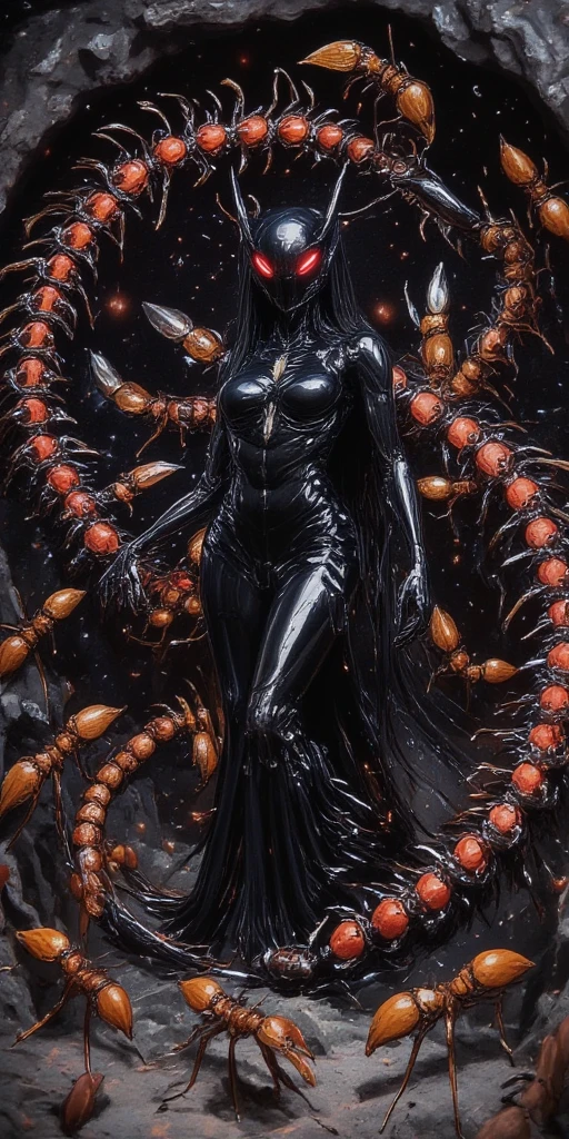 inside huge ant nest expanding in beautiful galaxy. (beautiful intelligent  anthro queen ant at the center,mad,eyes glowing red,noble sexy outfit of latex,very sexy,huge shiny breast, beautiful legs,beautiful toe,nsfw, attractive body,attractive pose,shiny exoskeleton body,Look down viewer,pompous attitude,beautiful black metallic long hair, feminin,abs,Perspective,low angle). ant body adapted to space-life. so many worker-ants follow the queen. beautiful galaxy