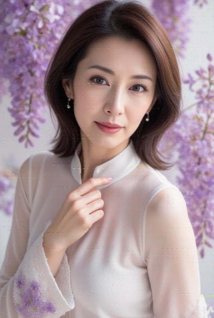 Mature Woman,  ( Detailed Explanation of Hair ), ( face ), (Detailed description of the body), high definition, masterpiece,  best quality ,  high detail, formal: 1.4), ( realistic: 1.2, 超 realisticな: 1.1,  realistic: 1.37), ( sharp focus : 1.4),  depth of field,  physics-based rendering showing spectacular natural scenery,  wavy hair, ,  Unmatched Beauty , (Ultimate beauty), (lipstick:1.1), ( eyeliner that reaches its climax:1.2), ( mascara), ( eyeshadow), (48 years old,: 1.4), Japanese、 close-up、Fine laugh lines:1.2、seductive smie、　3.  add mauve blur dye
Point :  pale purple blur dye reminiscent of wisteria flowers 。 place wisteria flower motifs on the cuffs and hem 、 create a spring-like elegance 。
background: 柔らかな紫と白のグラデーションbackgroundに、 slightly wisteria flower silhouette 。
 pose: Hold the collar with one hand 、 tilt your neck lightly with a gentle expression 。顔のラインを美しく見せる poseを重視。 close-up