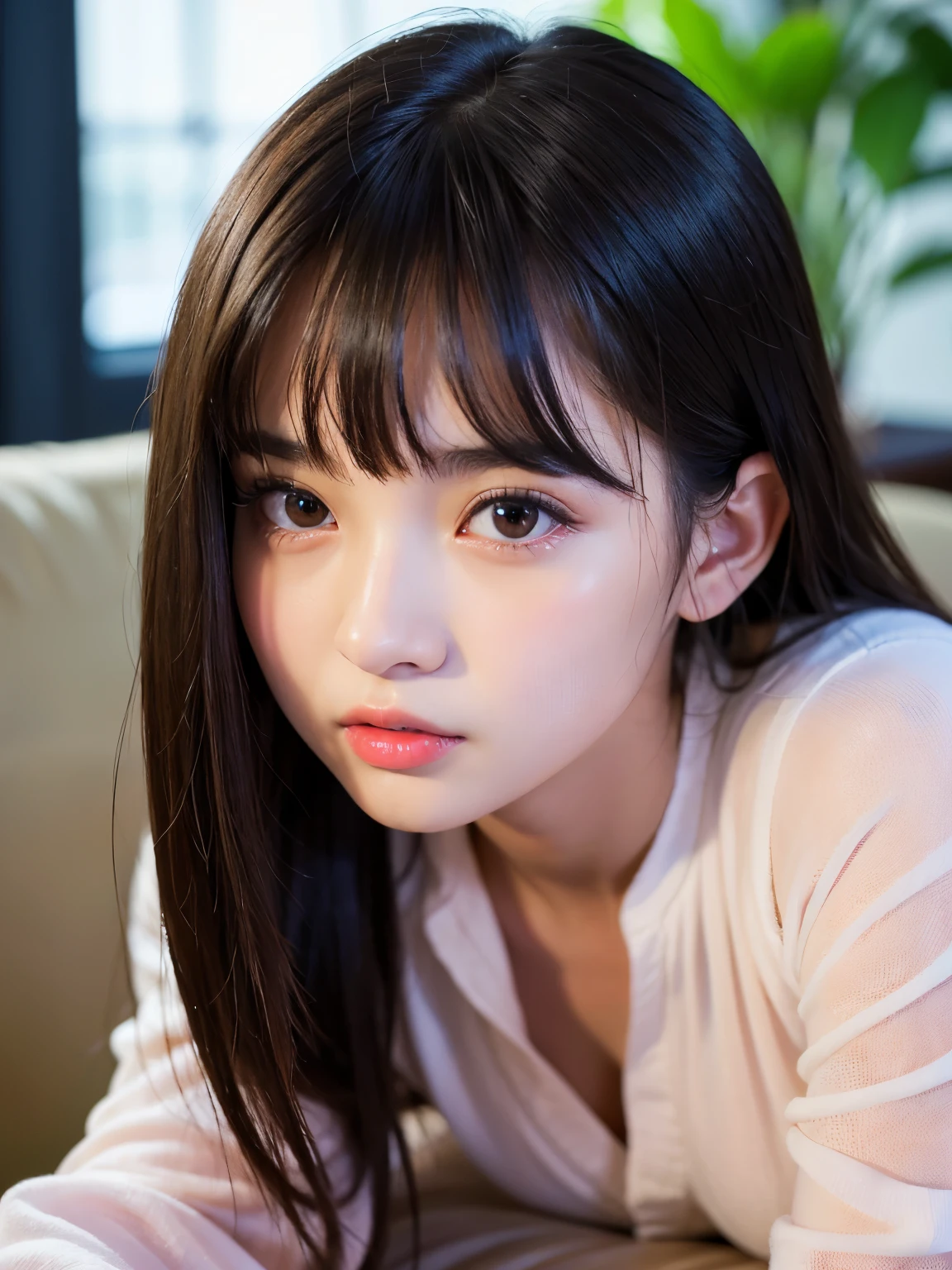 (8K, Raw photography, top-quality, ​masterpiece:1.2), Girl with long eyelashes and big eyes is sitting on sofa staring at us、A collar is worn around the neck、SM Play、The whole body is visible from her head to the toes of her feet、She raised one leg、Legs wide open、Make the pubic area and buttocks visible, She has open arms、3 d, Asian, bangss,  breastsout, brown_Eyes, greys_Background, s lips, Dim room with natural light、a navel, realisitic, shinny skin、Beautiful delicate face、Beautiful delicate eyes、(realisitic、Photo Real:1)、(8K, Raw photo, Photorealistic:1.25) ,( lipgloss, gloss-face, Glossy skin, Best Quality, 超A high resolution, depth of fields, Broad lighting, Natural Shading,Kpop Idol) looking at viewer with a serene and goddess-like happiness, , chest girth is 100 cm, Waist is 50cm, Hips are 100cm, NSFW, fluffy and soft hair,(NSFW: 3), (nudde: 2.6),Sexy pink and areola on breast、high detailing, 真实感, High resolution, ccurate, tre anatomically correct, 3), (NSFW: 5), slim figure, A live-action masterpiece, top-quality, hight resolution, (portrait shooting: 1.5) (nudde: 2.5), full of sweat、She stares at me with big teary eyes..Angle looking down from above、Slightly open mouth、Duck mouth、Not wearing pants、She shows off her pubic area、Fully visible pubic area and buttocks、fullnude、lying on the bed、fullnude、Atmosphere like when you have sex、Sexual atmosphere、fullbody image、barechested、