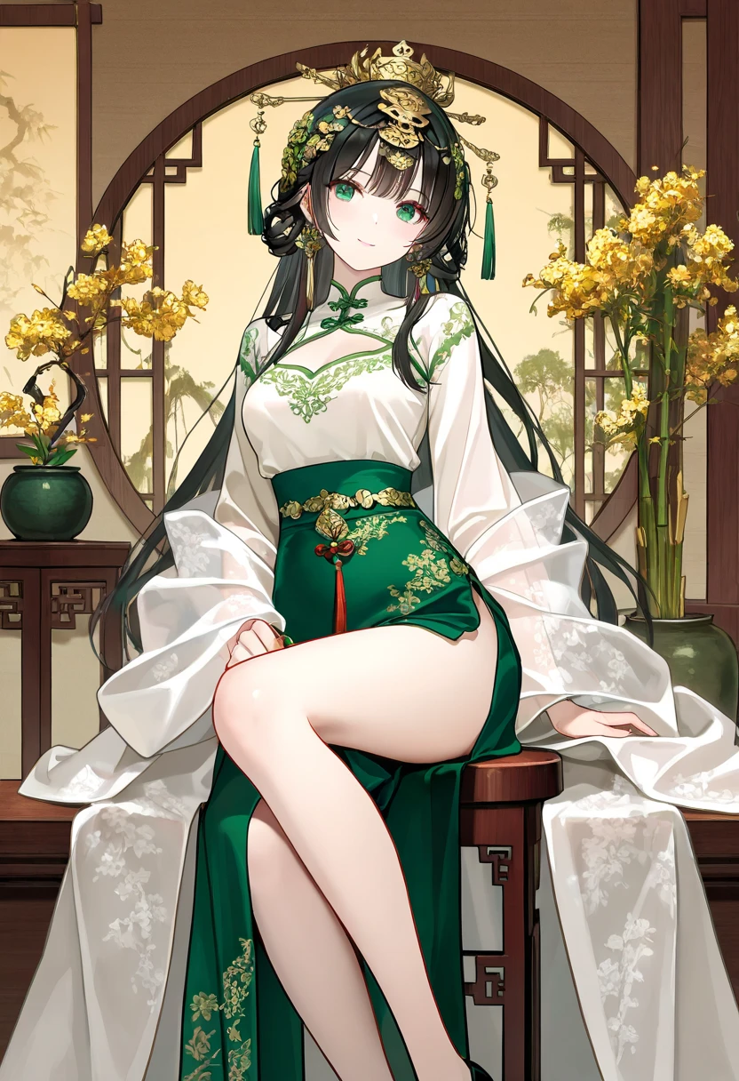 masterpiece,best quality,This photograph features an East Asian woman in traditional Chinese attire, styled for cultural or historical representation. She has light, fair skin, and dark hair adorned with intricate hairpieces and floral decorations. Her red, silk robe is adorned with detailed gold and green embroidery. Her pale blouse underneath has light green accents. She sits on a stool, holding a green and gold flower, with a decorative wooden table behind her, holding a small pot plant. The background has bamboo panels with Chinese calligraphy. She has a soft, feminine appearance with delicate and an elegant demeanor.