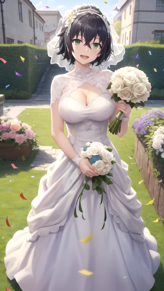 Masterpieces, Best Quality, looking at viewer, girl, solo, naofumi_iwatani, black hair, green eyes, short hair, hair between eyes, large breasts, wedding Dress, standing, garden, confetti, holding bouquet, smile, open mouth