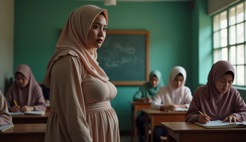 Plump vagina, sweating vagina, Beautiful girl wearing narrow dark hijab malay age girl 18 years old, kelantanese look, cute girl face, smiling, eyes looking at camera, grin, big laugh, nude, naked, naked body, sperm on vagina, no clothes, no clothing, big breasts about to burst out, closeup vagina, closeup view, plump body, showing vagina, vagina view, plump thigh, realistic skin, view from below, spreading legs on desk, in empty classroom, books on table, hand holding smartphone, side lighting, night time, hard light, high quality, ultra sharp image, ultra detail, 35mm lens, establishing shot, pastel color grading, depth of field cinematography effect, film noir genre, 8k resolution