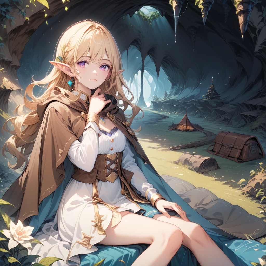 ((source_anime)), rating_safe, score_9, score_8_up, score_7_up, animepastelz, on the fantasy adventure, a beautiful elf girl sitting on the ground, looking at the viewer, camping in a dark cave, travel outfit, long brown cloak, long hair, blonde hair, purple eyes, dark background,
