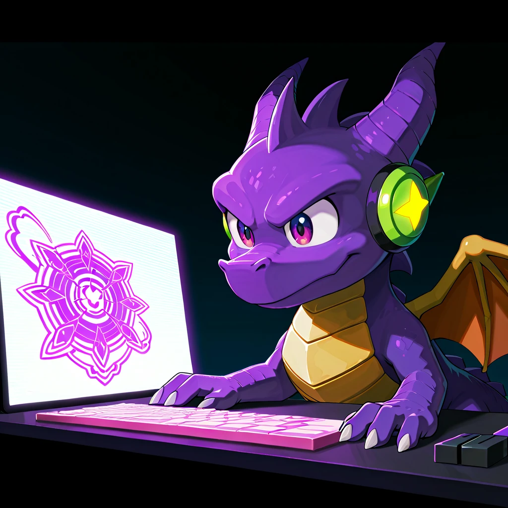 Dragon calf, small, purple scales, magenta accent, detailed magenta eyes, sitting at a desk with a gaming setup, wearing glowing rainbow headphones with crystals floating nearby