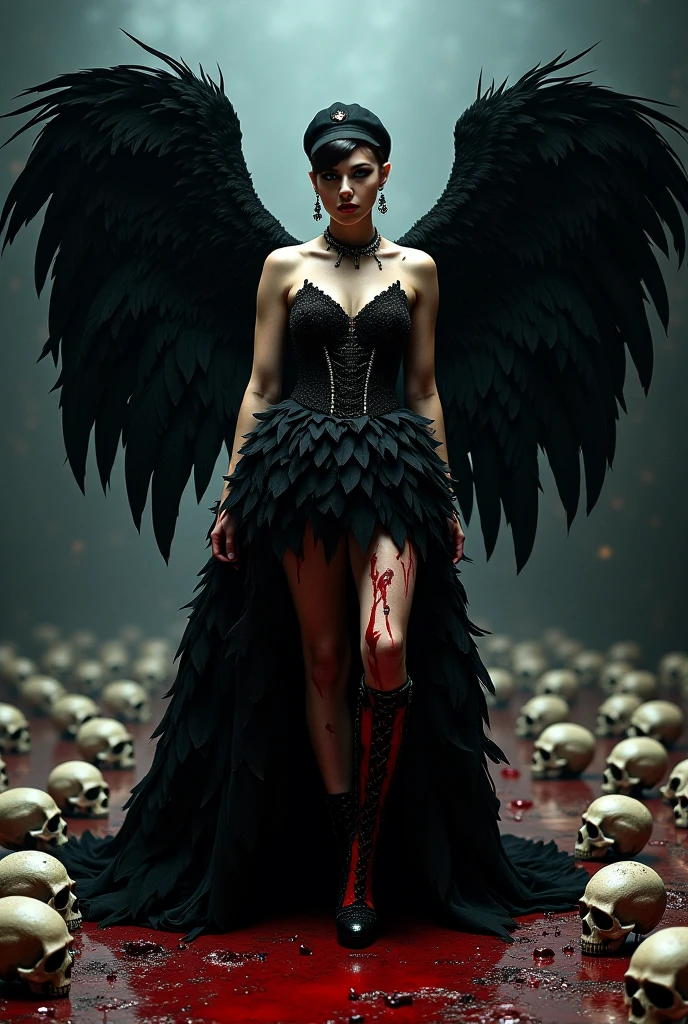 ((Very nice humanoid character young girl)), ((with red eyes of horror)), She is creepy, She is super beautiful, ((Impact meaning - very angry_sexy)), holding a kitchen knife, She is thin, evokes fear, horror, dark, unusually subtle, subtle. Blue fog, evil eye, Glowing eyes, (She is wearing a black ballet dress, short torn.), Located in a park, autumn weather, Cold, Night time, She is in the air, floating, covered in blood, floating, above the ground, 1600s years 02_ Environment in the style of oil painting Art Nouveau, Italian Renaissance masters. A gloomy picture of a battle between an angel warrior and demonic creatures. Luscious oil painting with broad strokes, high detail, pure white skin in the center of the composition. Painting by Bosch, stories by Dante Aligheri, “Divine Hell-Paradise”, chronicles of vampires by Brian Lumley. 02_ High image quality, 4K | Ultra HD | Full HD, cinematic rendering, 3D visualization - a masterpiece, TOP computer graphics ART. Unreal 8K engine, motion capture, dark lighting, strong shading, warm shadows - cool backlight, high detail. (vivid, photorealistic, dramatic, dark, sharp focus, 8K). High detail textures, materials, stone, metal. (shades of gray, red, black, elements, metallic shine, red fire) Film grain, dust and particles in the air.