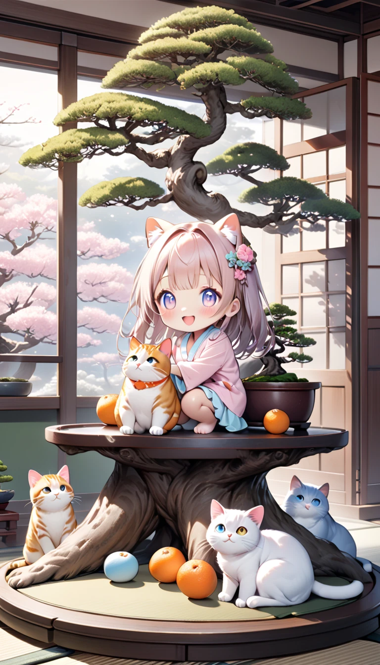 (masterpiece), (ultra-detailed), best quality, clear focus, dramatic scene, cinematic, shadow, (ultra-high resolution), (8k), perfect anatomy, perfect face, (detailed face), (detailed eyes), (chibi), cute Japanese chibi girl, famous Japanese chibi idol, very beautiful and cute and cool face, (wearing a cute pastel colored room wear with frills:1.2), (medium breasts), (She is holding colorful flowers with giant fat cat and showing it to viewers:1.3), (on the bonsai tree in the traditional Japanese room with a cute giant cat:1.3), (Japanese antique table, piles of mandarin oranges are in a basket on the table, on Tatami floor, Japanese antique furnishings with flower decorations), (spectacular huge Bonsai with flower decoration:1.2), gentle sunlight, the cat looks so happy with her, (the cute giant fat cats are climbing a bonsai and mewing:1.35), (detailed giant fat cats with detailed eyes:1.35), detailed cat's eyes, paw, she looks so happy, Outside the window is a snowy scene, happy smile