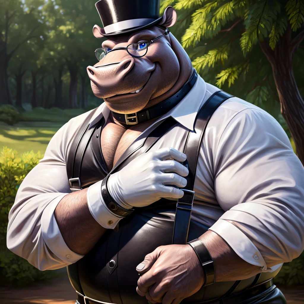 Solo, Male, fat, squatting, extremely obese, gentleman, dapper Professor Bull, with a large udder, udder getting milked by an udder milker, blue eyes, (soft shading), 4k, hi res, ((detailed face, detailed)), looking at viewer, evil grin, jungle, forest, collared shirt with buttons, top hat, male focus, Safari Outfit, glasses, monocle, bag, vest with buttons, backpack, sleeves rolled up, round eyewear, brown headwear, brown vest, Bull is wearing a glossy leather dog collar around the neck, Bull is wearing the leather collar and shirt and vest at the same time, Bull is wearing glossy white rubber gloves on the hands, wearing white rubber gloves on the feet, Bull is wearing glossy white cuffs around the wrists with cufflinks, gloves are rubber in texture, clenching teeth, clenching fists, leather collar is glossy and shiny with a lot of detail, Bull is wearing gloves and cuffs and cufflinks at the same time, leather collar has a round dog-tag, leather collar is thick and detailed, udder milker is shiny.
