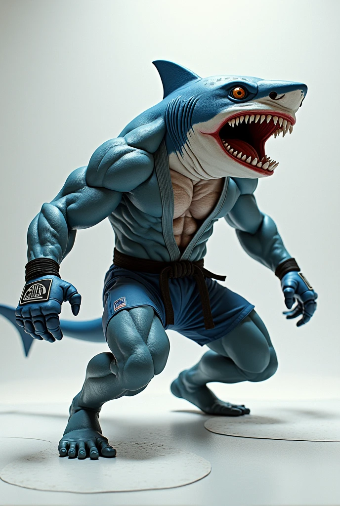 furry growth, hyper growth, hyper muscles, an evil shark, blue shark, blood in the mouth, shirtless, white shorts, muscular, on a black background