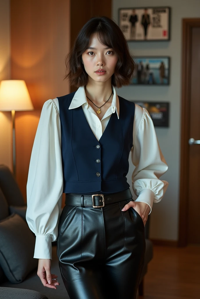 masterpiece, best quality,realstic,photorealstic,very detailed,ultra deailed,detailed Lora,highres,detailed face,perfect face,detailed eyes,perfect eyes,expressive eyes,perfect anatomy,
1 girl,solo,ANNIE,short hair,black hair,black eyes,white shirt,brown vest,brown mini skirt,large breast,nallow waist,cowboy shot,