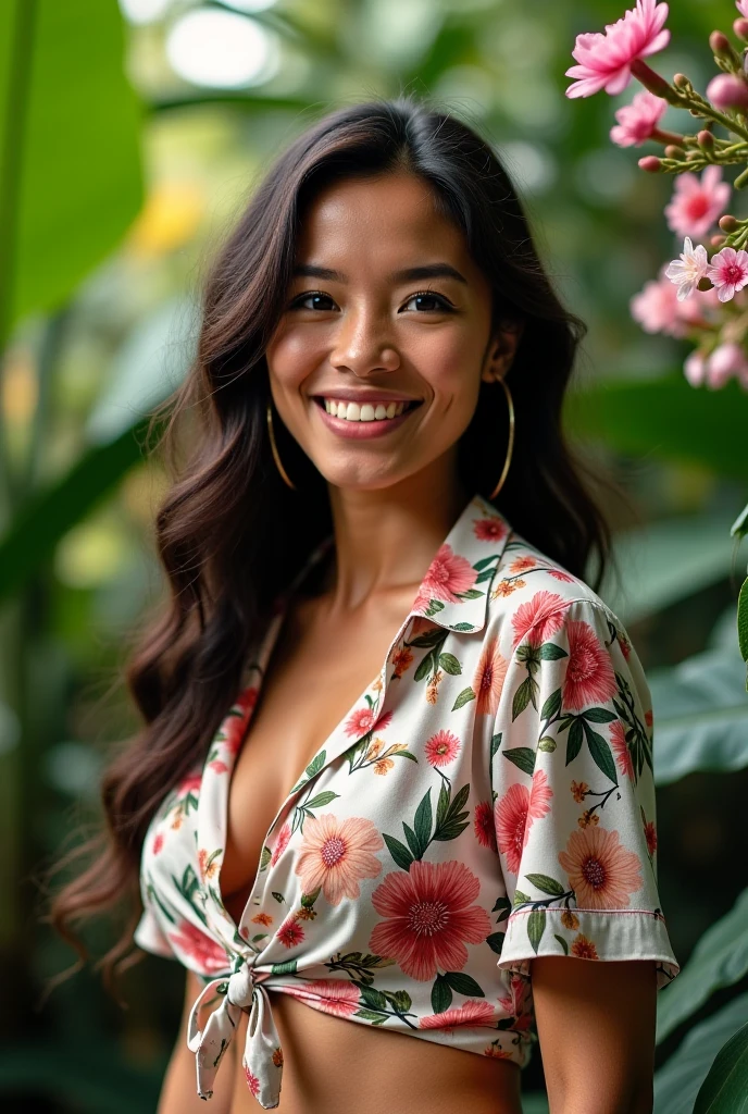 A Brazilian woman in a lush tropical garden, wearing an open shirt with a floral print, with a close-up capturing the harmonious beauty between her breasts and the natural flowers, showing off your natural charm and outgoing personality.