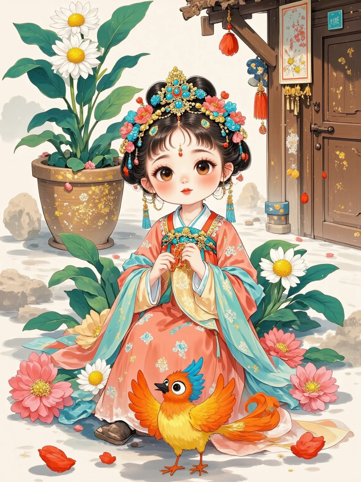  A  in an ancient costume is sitting in the courtyard with the phoenix， enjoying the unfolding ancient landscape picture ,  Phoenix's gaze is gentle ， The 's face is full of curiosity and excitement ,  The background is an antique courtyard arrangement ，Full of culture 。Vector illustration，watercolor， chibi, style，Kawaii，*********，8k,  Ultra HD，realistic，Fine texture，Adorable Aesthetics ， soft lighting ， fantastic atmosphere ，Round eyes， fluffy details ，Playful expression