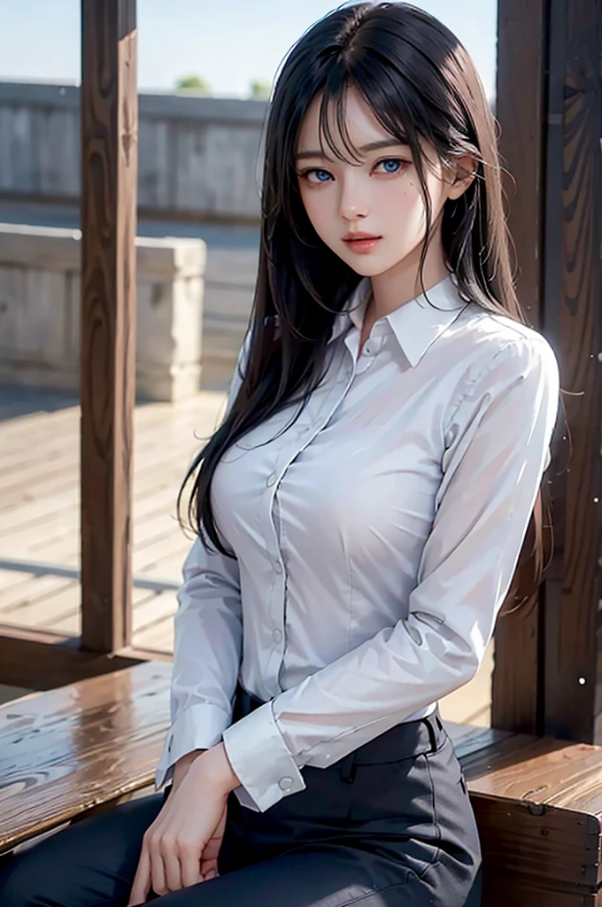 Photorealistic, masutepiece, Best Quality, Raw photo, 1girl in, Solo, Long hair, Brown hair, Detailed face, alluring face, Collared shirt, medium breasts, Dynamic Pose, Looking at Viewer, From below, Detailed background, fine detailed, intricate detailes, Ray tracing, depth of fields, lowkey, nffsw
