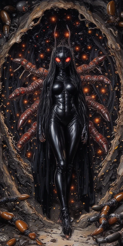 inside huge ant nest expanding in beautiful galaxy. (beautiful intelligent  anthro queen ant at the center,mad,eyes glowing red,noble sexy outfit of latex,very sexy,huge shiny breast, beautiful legs,beautiful toe,nsfw, attractive body,attractive pose,shiny exoskeleton body,Look down viewer,pompous attitude,beautiful black metallic long hair, feminin,abs,Perspective,low angle,close up of body). ant body adapted to space-life. so many worker-ants follow the queen. beautiful galaxy