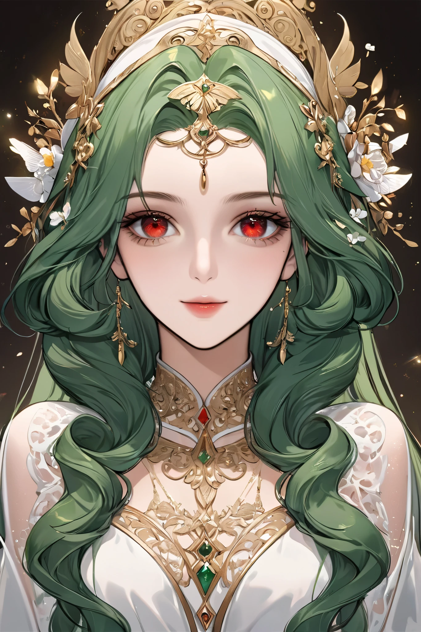 (extreamly delicate and beautiful:1.2), 8K,(masterpiece:1.0),(best_quality:1.0), 1 girl, and intricate detailing, Enlarged textures, and intricate detailing, finely eye and detailed face, and intricate detailing, green long curl hair, (sweet smiley), Perfect eyes, Equal eyes,  red eyes (A famale god) with ariadne yunani long dress, look at camera, green long HAIR, Red EYES, green long curl HAIR, red EYES, Full body, with ariadne yunani long dress,  ago, perfect body