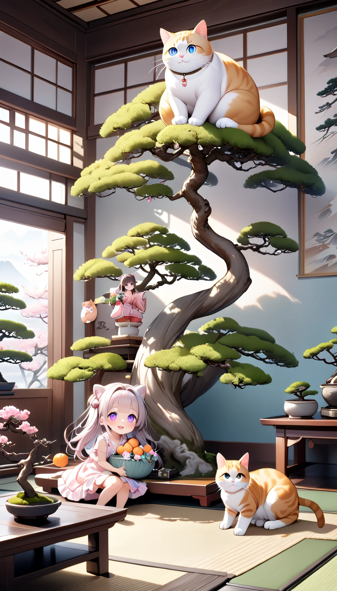 (masterpiece), (ultra-detailed), best quality, clear focus, dramatic scene, cinematic, shadow, (ultra-high resolution), (8k), perfect anatomy, perfect face, (detailed face), (detailed eyes), (chibi), cute Japanese chibi girl, famous Japanese chibi idol, very beautiful and cute and cool face, (wearing a cute pastel colored room wear with frills:1.2), (medium breasts), (She is holding colorful flowers with giant fat cat and showing it to viewers:1.3), (on the bonsai tree in the traditional Japanese room with a cute giant cat:1.3), (Japanese antique table, piles of mandarin oranges are in a basket on the table, on Tatami floor, Japanese antique furnishings with flower decorations), (spectacular huge Bonsai with flower decoration:1.2), gentle sunlight, the cat looks so happy with her, (the cute giant fat cats are climbing a bonsai and mewing:1.35), (detailed giant fat cats with detailed eyes:1.35), detailed cat's eyes, paw, she looks so happy, Outside the window is a snowy scene, happy smile