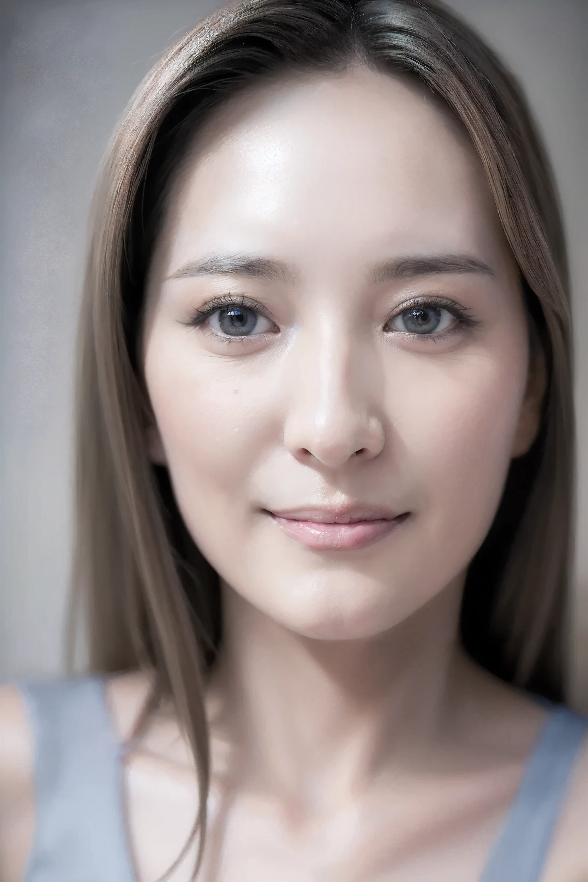(( best quality )), ((8k)), ((masterpiece: 1.3)), ( perfect appearance ), ( Photorealism : 1.6), (nn), (Mature Woman), ((Age 58)), (( portrait)), Beautiful, transparent eyes, smile, light grey background,