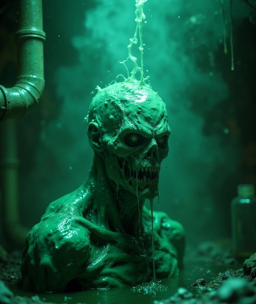 A terrifying deep-sea scene featuring a sunken, monstrous android,. The android has a grotesque, twisted face with sharp, crack though iy, and is covered in thick layers of algae and barnacles. Its large, clawed hands reach out menacingly, partially buried in the ocean floor. Surrounding it are the rusted remains of old, decayed machinery and eerie, tangled seaweed. The murky water is filled with shadows, with faint rays of light barely penetrating the gloom. Small water bubbles rise ominously around the statue, while subtle water effects add to the eerie, suffocating atmosphere.```