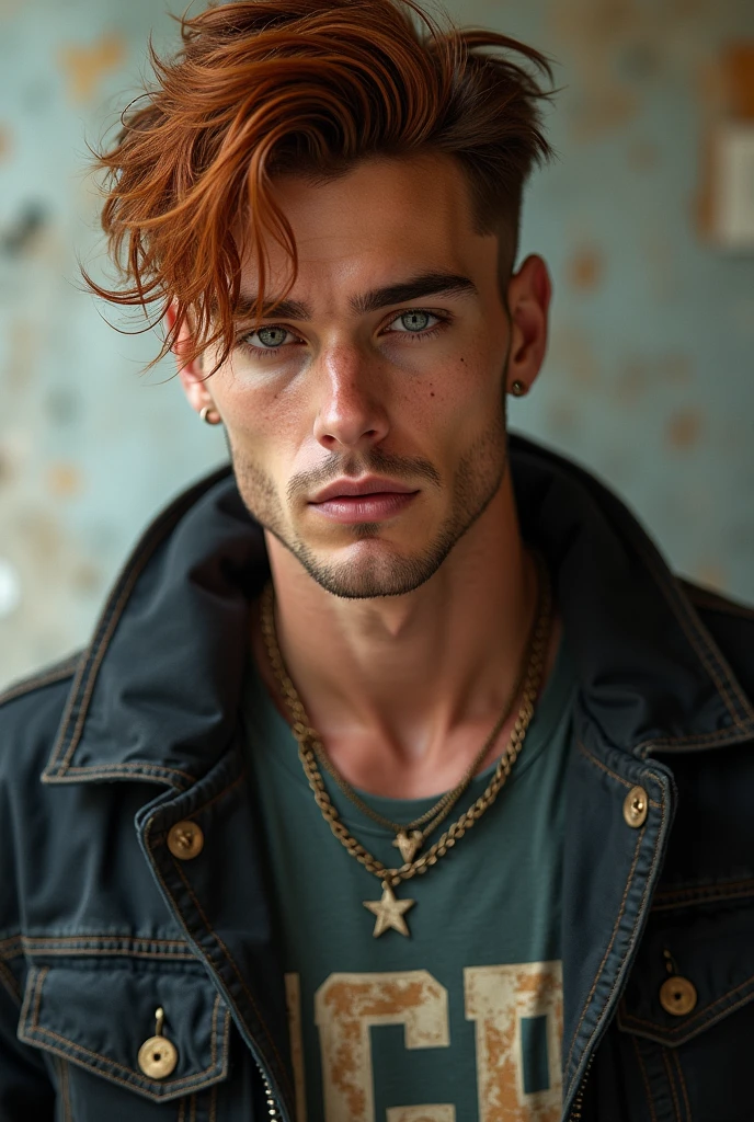 I would like you to create the image of a 17 year old boy who is very beautiful, a whole greek god. Red hair with golden highlights. green eyes, perfect nose, great muscles, deep look, striking eyes, serious but adorable face, thick lips with a small piercing, SYMMETRICAL CAR. And a tattoo on the neck.