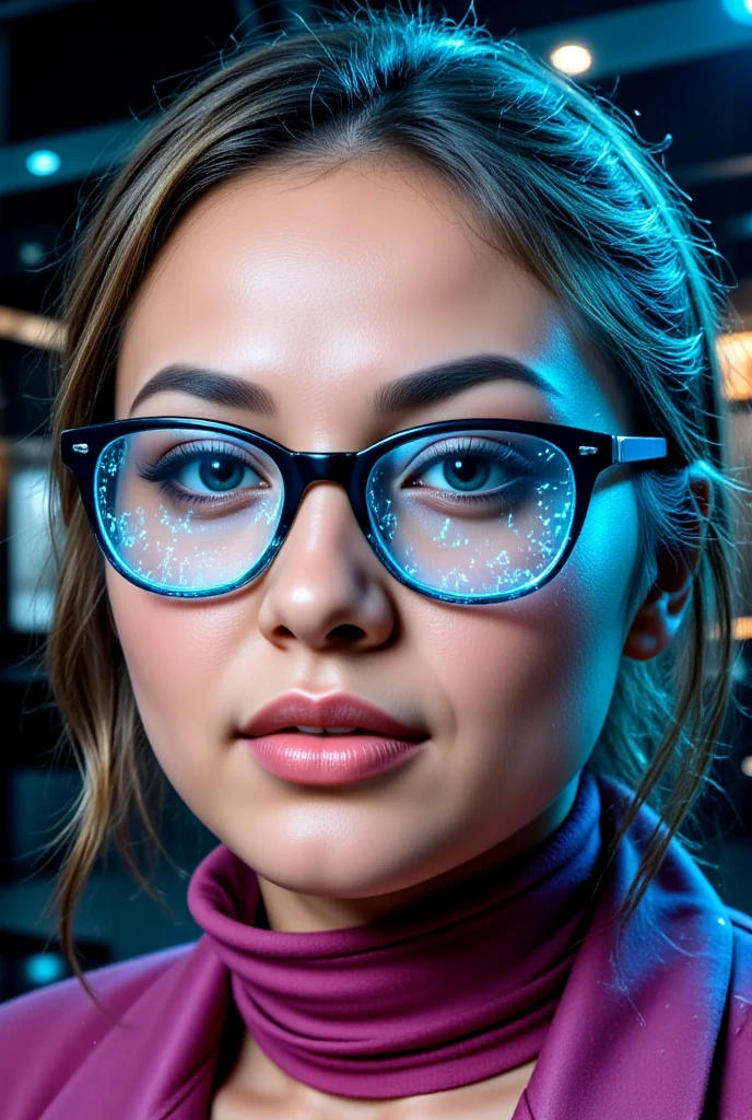 Holographic Art | Portrait of a beautiful EUA-girl with a smok acid-color jacket and armani panther-glasses formed by bright mathematical formulas | Radiant, calculations in handwritten style | futuristic, Ciberpunk, technological atmosphere | Photorealistic quality | Dramatic lighting with sharp contrasts | Complex and luminous design | Fascinating and innovative work of art | deep-sea background | (((more detail, enhanced_Holographic-Art))) 