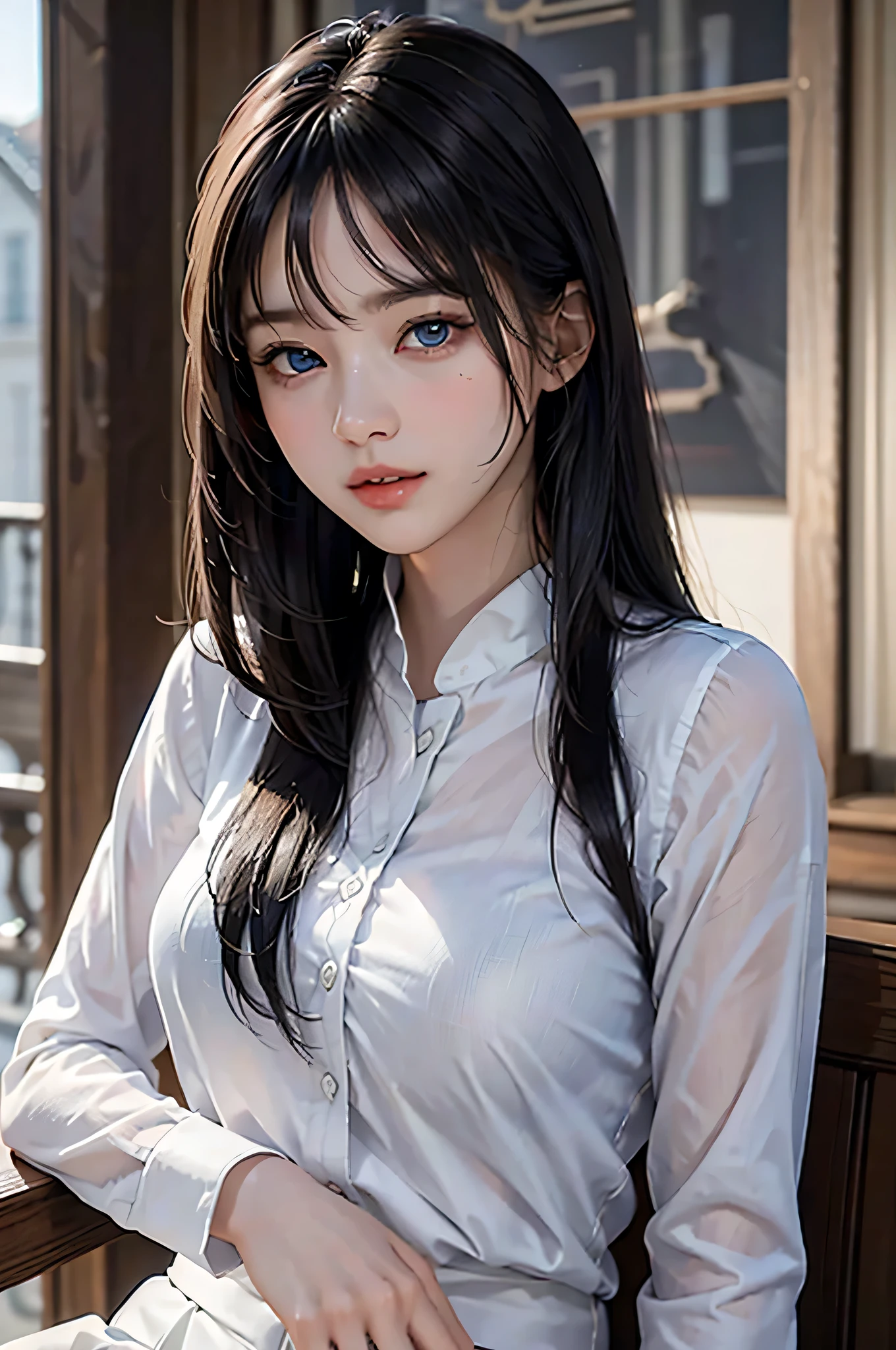  8K resolution ,(( best quality )), ultra high definition,Adult female, Alone,  sexy, ( expressionless), ( blue eyes),  beautiful symmetrical face , ( long black hair ,length to cover eyes ), white business shirt, suit pants, realistic:1.4, realistic:1.4,(masterpiece:1.2), perfect eyes,（ open your mouth:1.3),sit, Night Tavern,mercenary,strong