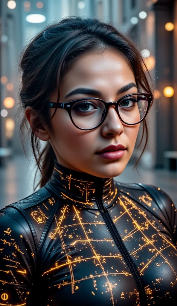 Holographic art | Portrait of a beautiful girl in a dark gray catsuit and red glasses in formed by glowing mathematical formulae | Radiant, handwritten-style calculations | Futuristic, cyberpunk, technological atmosphere | Photorealistic quality | Dramatic lighting with sharp contrasts | Complex and luminous design | Fascinating and innovative artwork --chaos 15 --ar 9:16 --style raw --stylize 75 --v 6.1Alta resolução, 