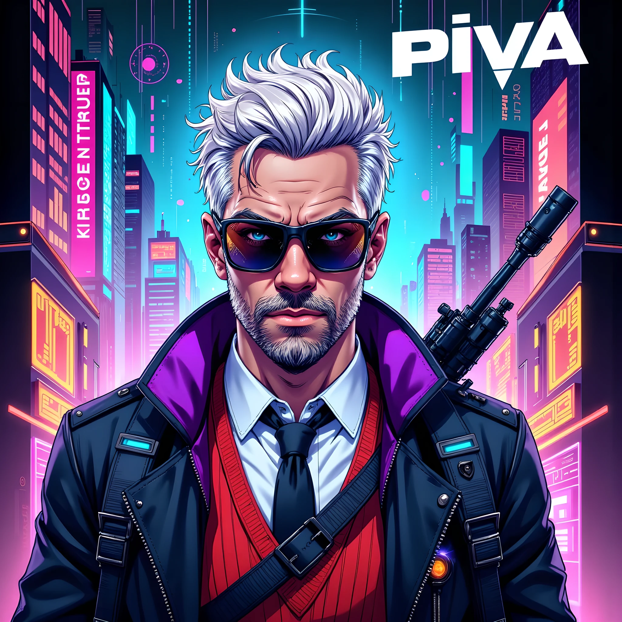 ((Masterpiece)), ((ultra-detailed)), ((vibrant neon glow)), ((cyberpunk style:1.2)) — A **semi-realistic cyberpunk-style illustration** featuring a **charismatic older male character** inspired by **PIVA**, a **futuristic soldier**. He has **spiked white hair**, a **neatly groomed beard**, and wears **stylish black sunglasses** over a **cyber-enhanced helmet with glowing optics**. His attire combines a **high-collared jacket with purple neon trim**, a **red sweater vest**, and a **formal tie**, alongside **intricate tech circuitry patterns** subtly embedded in his outfit.  

The character holds a sleek, **sci-fi weapon** with **digital HUD displays**, exuding confidence in a **slightly turned upper-body pose**. Surrounding him is a **dynamic holographic background** with **glitch effects**, **neon-drenched cityscapes**, and **pulsating tech grids**, enriched by a vivid cyberpunk color palette of **electric blues, neon purples, vivid greens, and fiery oranges**.  

The composition integrates **Cs-themed elements**, such as pixelated crosshairs, stylized kill streak symbols, and bold **“PIVA” typography** in the upper frame. Vibrant holographic overlays and shifting hues add depth and intensity, blending **semi-realism** with **stylized aesthetics**.  

The design highlights **PIVA's charisma**, merging a sophisticated cyberpunk aesthetic with the energy of **gaming culture**. It’s a balance of **futuristic technology, glowing neon details**, and **commanding presence**, perfect for **stickers or vibrant digital illustrations**.  

**(cyberpunk Piva, charismatic character, futuristic soldier, holographic effects, glitch designs, neon glow, sci-fi weapon, electric colors, Cs-themed, gaming culture, vibrant portrait, high-tech aesthetic, dynamic composition)**  