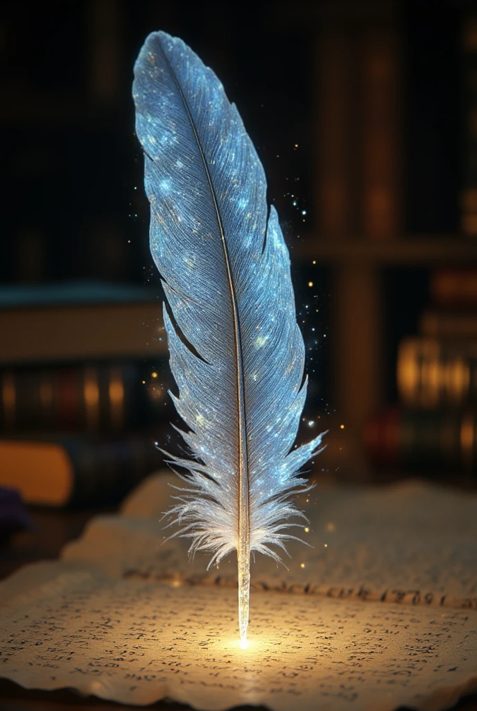 A hyper-realistic close-up of an enchanted quill, its feather shimmering with a soft, pearlescent glow in shades of blue and silver. The quillâs tip is made of fine crystal, sparkling as it hovers just above a parchment covered in glowing, golden runes. The background is a blurred, dimly lit study filled with ancient books and scrolls, creating a warm, scholarly atmosphere. Semi-transparent wisps of magical energy coil around the quill, enhancing its ethereal quality. Realistic shading and highlights emphasize the softness of the feather, with subtle variations in color that catch the light. The crystal tip of the quill refracts light, creating a delicate prism effect on the parchment. One glowing rune pulses faintly as the quill hovers, poised to continue writing its mystical script.Floating above it is a font that reads "LLM" as the title