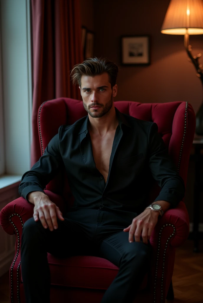 A man with his shirt open showing his defined chest and abs sitting in an armchair 