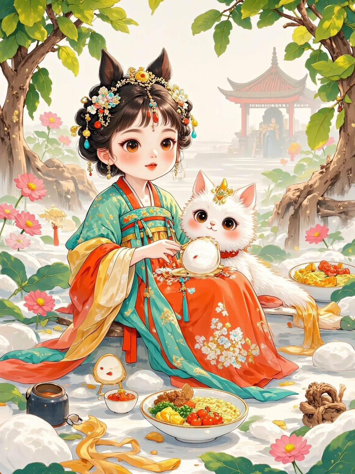 A  wearing Ming Dynasty costumes and a horse-faced skirt sat in the courtyard with Phoenix, admiring the unfolding ancient landscape paintings, Phoenix' s eyes were gentle, and the s face was filled with curiosity and excitement, The antique courtyard layout was in the background, full of cultural atmosphere. Vector illustration, watercolor, chibi, style, kawaii, baby face, 8K, ultra HD, realistic, fine texture, cute aesthetic, soft lighting, dreamy atmosphere, round eyes, fluffy details, playful expression