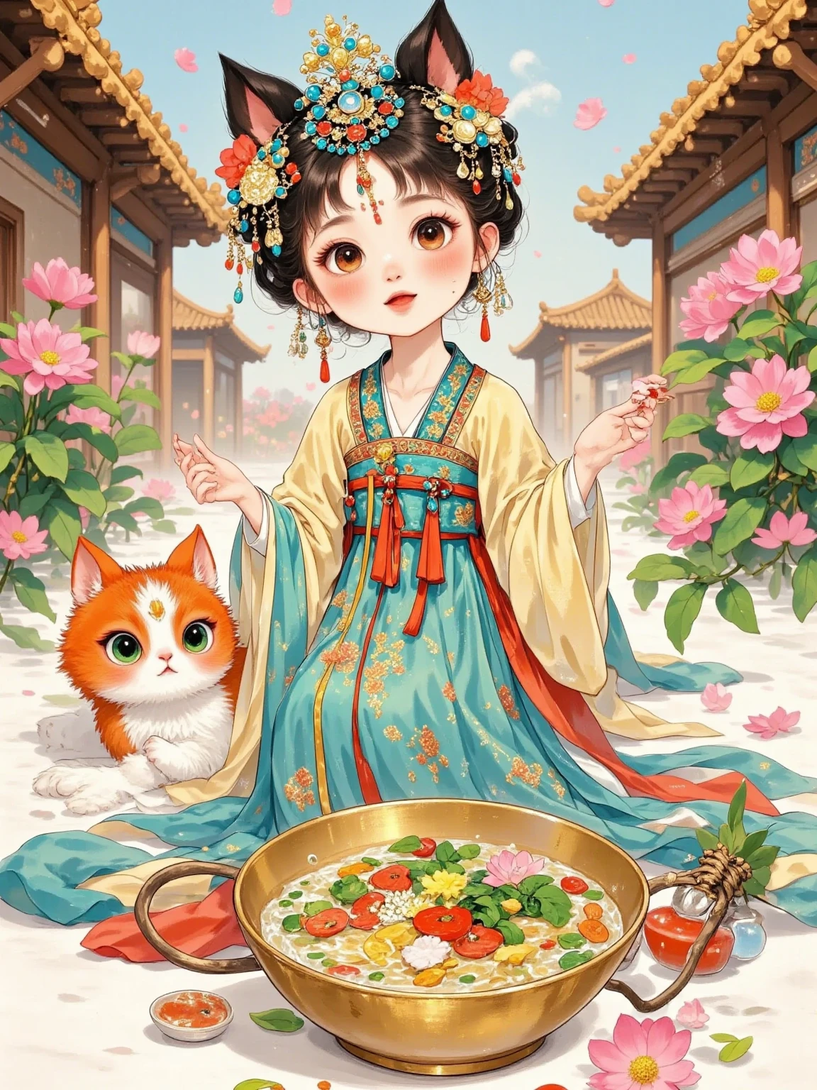 A  wearing Ming Dynasty costumes and a horse-faced skirt sat in the courtyard with Phoenix, admiring the unfolding ancient landscape paintings, Phoenix' s eyes were gentle, and the s face was filled with curiosity and excitement, The antique courtyard layout was in the background, full of cultural atmosphere. Vector illustration, watercolor, chibi, style, kawaii, , 8K, ultra HD, realistic, fine texture, cute aesthetic, soft lighting, dreamy atmosphere, round eyes, fluffy details, playful expression