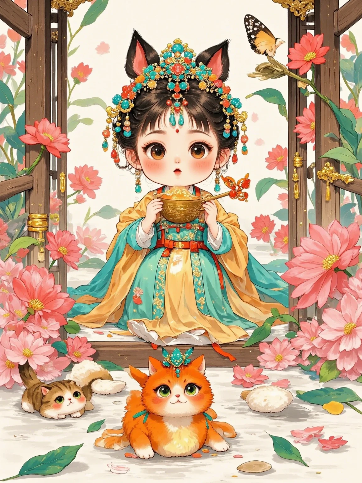 A  wearing Ming Dynasty costumes and a horse-faced skirt sat in the courtyard with Phoenix, admiring the unfolding ancient landscape paintings, Phoenix' s eyes were gentle, and the s face was filled with curiosity and excitement, The antique courtyard layout was in the background, full of cultural atmosphere. Vector illustration, watercolor, chibi, style, kawaii, baby face, 8K, ultra HD, realistic, fine texture, cute aesthetic, soft lighting, dreamy atmosphere, round eyes, fluffy details, playful expression