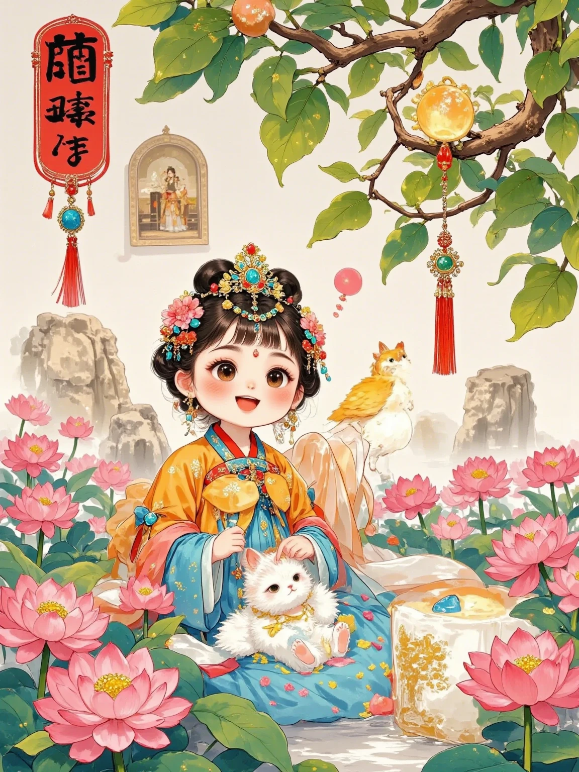 A  wearing Ming Dynasty costumes and a horse-faced skirt sat in the courtyard with Phoenix, admiring the unfolding ancient landscape paintings, Phoenix' s eyes were gentle, and the s face was filled with curiosity and excitement, The antique courtyard layout was in the background, full of cultural atmosphere. Vector illustration, watercolor, chibi, style, kawaii, *********, 8K, ultra HD, realistic, fine texture, cute aesthetic, soft lighting, dreamy atmosphere, round eyes, fluffy details, playful expression