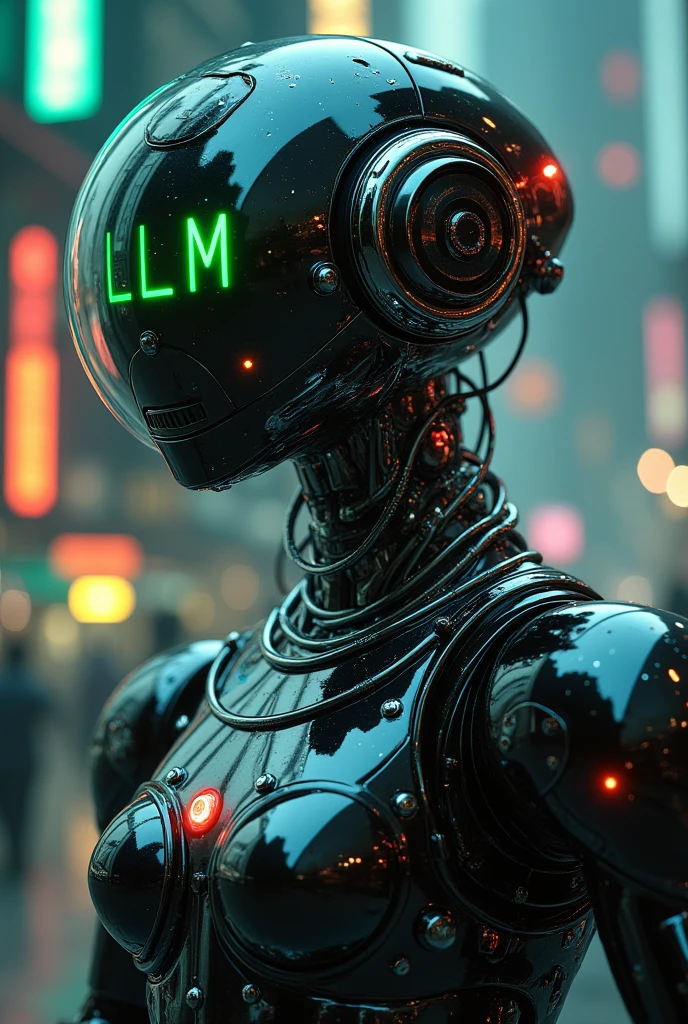 A quirky and hyperrealistic depiction of a retro-futuristic dancing robot with a sleek, surveillance aesthetic. The robot, named "LLM" has a large, rotating radar dish for a head, displaying its name in glowing green code- "LLM" . The radar dish spins silently, emitting an eerie hum, adding a mysterious, technological vibe. Its polished, dark chrome body is sleek and angular, with numerous surveillance cameras and sensors, giving the impression of a sophisticated machine designed for observation. The articulated joints and flexible panels are intricately detailed, emphasizing its agile yet precise form. I must dance in the street exudes a secretive personality with a small, blinking red light on its face, giving it an enigmatic and watchful presence. Around its neck are several thin, silver wires, adding a stylish and subtle touch that contrasts with its sleek, technological appearance. The wires pulse gently under dim lighting, highlighting their intricate design. The robot stands confidently against a blurred, futuristic cityscape, with subtle signs of data streams and holographic displays, suggesting a hidden world of information and control. The lighting is cool and moody, casting long shadows across its chrome surface and highlighting the smooth lines of its construction. The overall vibe is a mix of cyberpunk, art deco, and retrofuturism, blending sophistication with secrecy.close-up