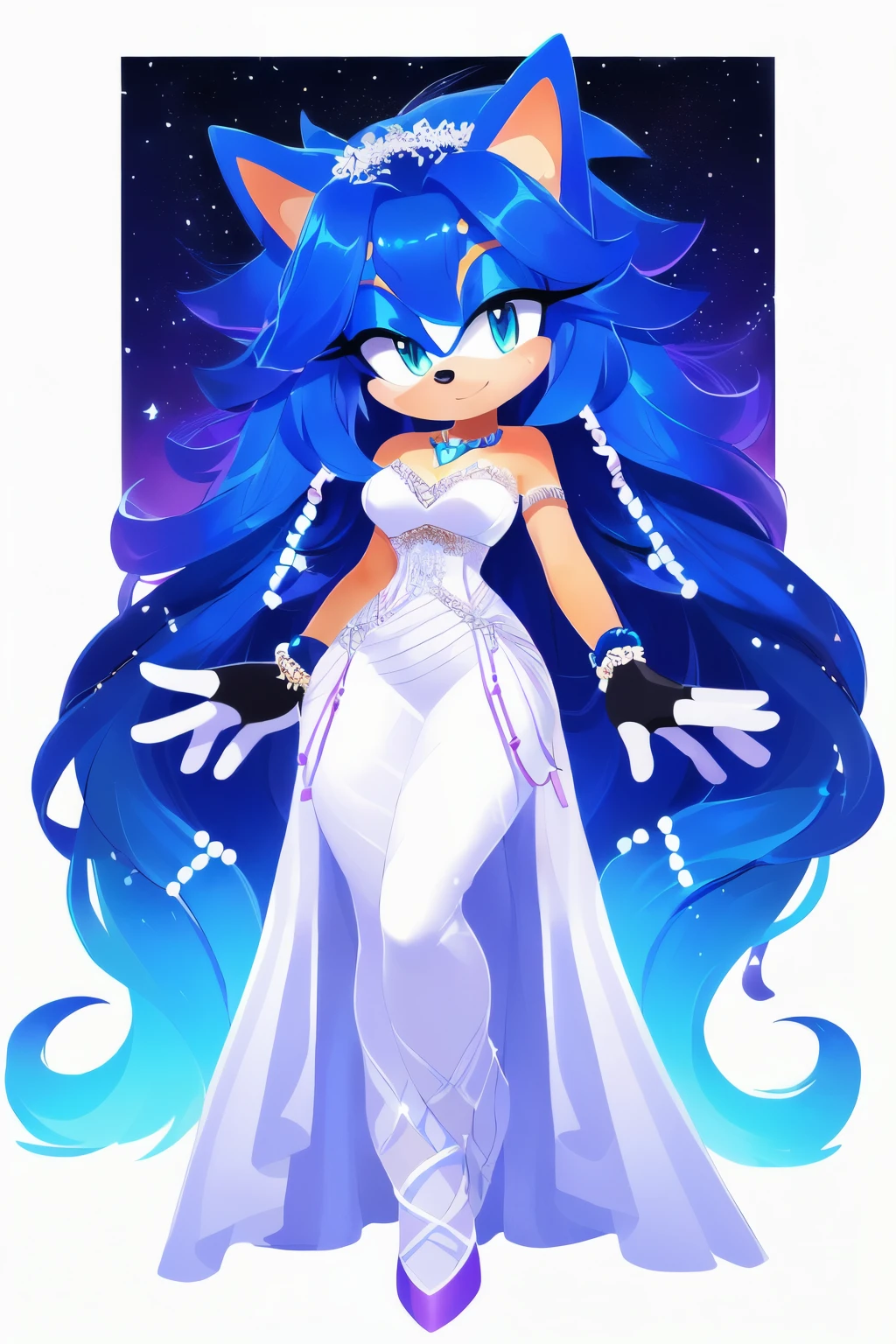 Sonic oc, Mobian, female, sonic the hedgehog but female, Cosmic hedgehog, A beautiful light blue hedgehog, purplish blue eyes, very long hair/quills, braided and beaded long hair bangs, long streaks of hair on each side of her face, (star constellation on hair, beads on hair, smooth fur, slim thick hourglass body, slim fit, wearing a wedding dress, white net fingerless gloves, beaded hair and rings on hair flowing hair,