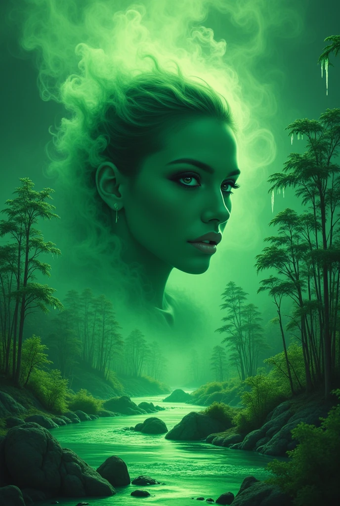 (Ultra-detailed face, looking away, Fantasy Illustration with Gothic, Ukiyo-e, Comic Art, Rich colors), 
BREAK 
(This is a world made of green acid. In the pool of acid, there is a gush of smoke and a pungent green smoke. Plants made of glass fibers suck up the acid from their roots, and the acid drips from their trunks, stems, and leaves like rain.)